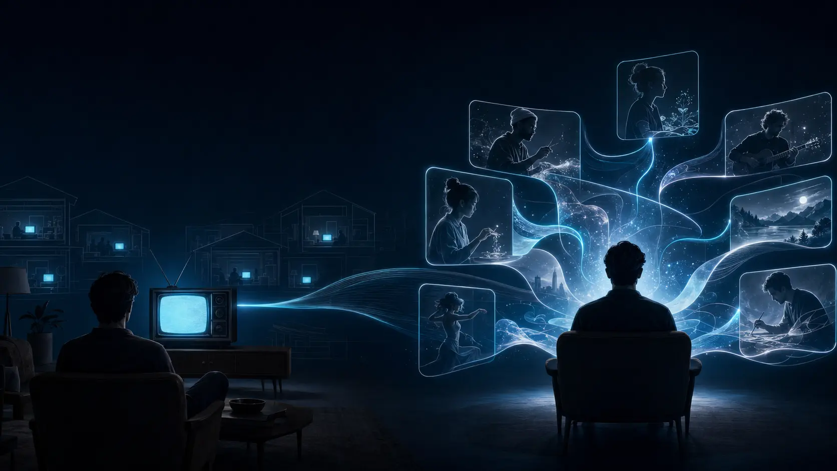 A person moves from watching the same television broadcast as everyone else to an entertainment environment shaped for the individual.